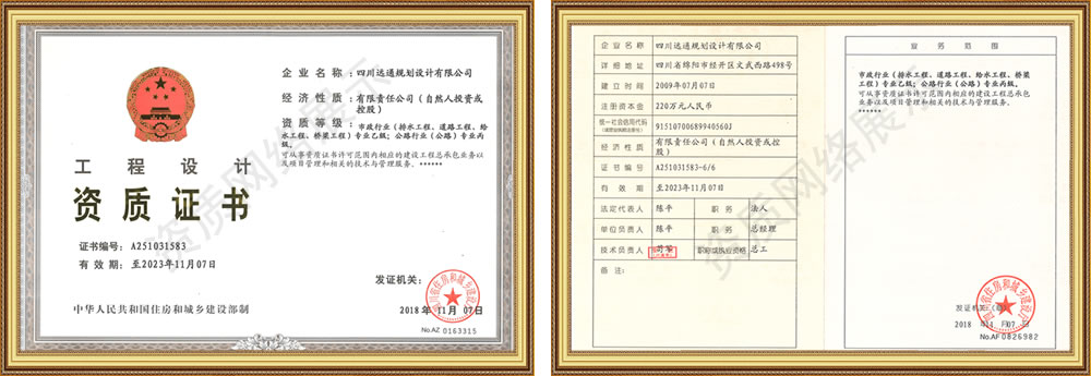 四川遠(yuǎn)通規(guī)劃設(shè)計有限公司資質(zhì)榮譽(yù)